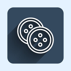 White line Sewing button for clothes icon isolated with long shadow background. Clothing button. Blue square button. Vector