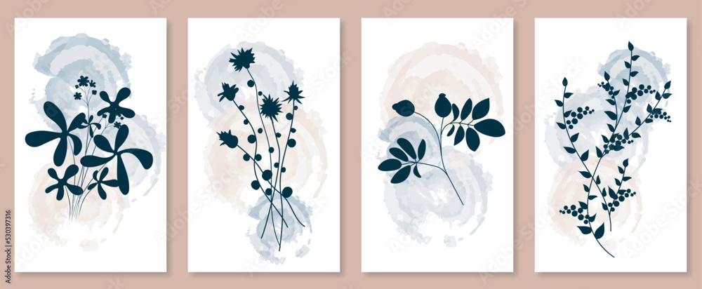 Poster abstract botanical wall art set. vector illustration in scandinavian design