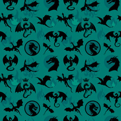 Seamless pattern made up of dragons, wyverns and fire on the blue background for series House of the Dragon. Endless pattern for printing on package, wrappers, envelopes, cards, clothes or accessories