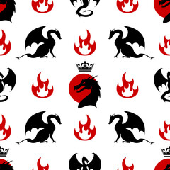 Seamless pattern made up of dragons, wyverns, crowns and fire on red background. Black, red, white endless repeating texture for printing on package, wrappers, envelopes, cards, fabric or gift paper.