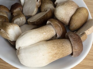 Wild boletus mushrooms prepared on a plate for kitchen use, close up