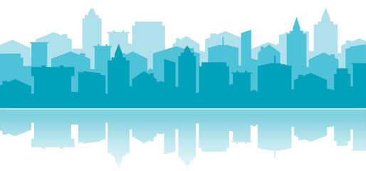 Cityscape. Cartoon urban skyline. City panorama, landscape, street, flat and office buildings. Wide horizontal panorama. Drawing silouette town view sky. Skyscrapers