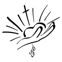 Obraz premium Jesus gives His heart, shining like the sun in a pierced hand, black outline on a white background