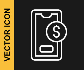 White line Smartphone with dollar symbol icon isolated on black background. Online shopping concept. Financial mobile phone icon. Online payment. Vector