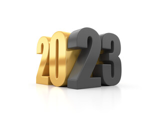 Black and gold numbers 2023 on white isolated background. 3d render illustration.