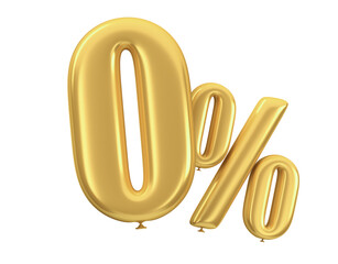 Golden percent balloons on an isolated white background.  3d render illustration. Zero percent.