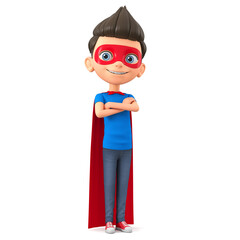 Cartoon character boy in a super hero costume crossed his arms over his chest. 3d render illustration.