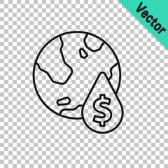 Black line Oil drop with dollar symbol icon isolated on transparent background. Oil price. Oil and petroleum industry. Vector