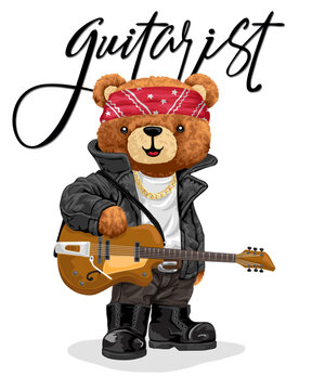 Hand drawn vector illustration of teddy bear in rocker style with electric guitar