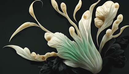 Abstract elegant floral background. Decorative ivory corals carved flowers. 3D illustration.