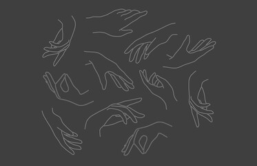 Hands set outline on gray background. Hands collection, vector outline illustration
