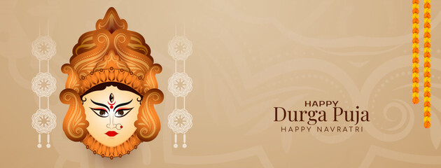 Durga Puja and Happy navratri festival banner with goddess Durga face