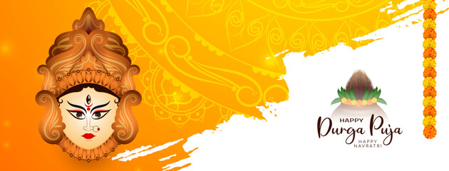Durga Puja and Happy navratri festival banner with goddess Durga face
