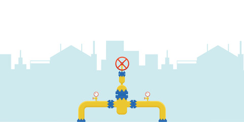 Gas pipeline construction with city skyscraper background. Vector stock illustration isolated on white background for banners, posters with notification and announcement.