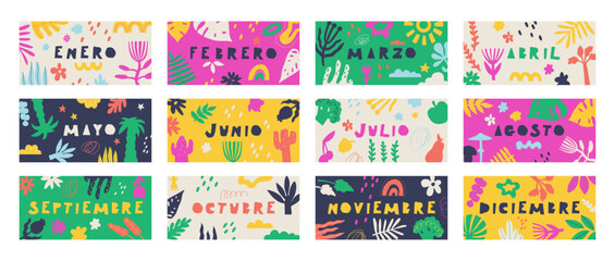 Text in Spanish, translation - January, February, March, April, May, June, July, August, September, October, November, December. Set of banners of colorful doodle flora backgrounds. Vector.