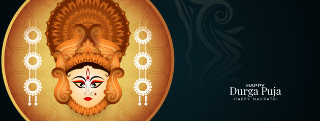Durga Puja and Happy navratri festival banner with goddess Durga face