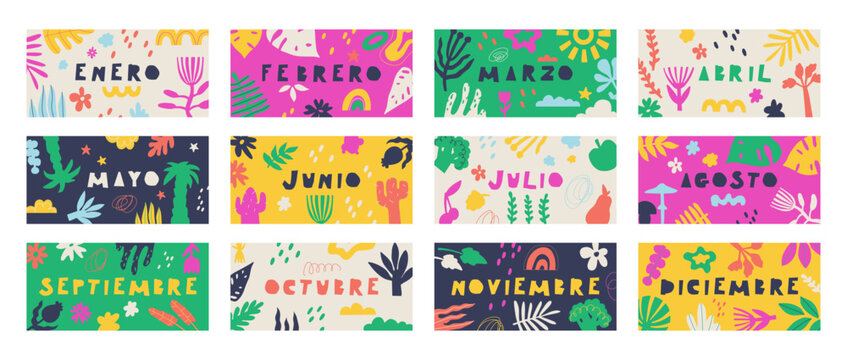 Text in Spanish, translation - January, February, March, April, May, June, July, August, September, October, November, December. Set of banners of colorful doodle flora backgrounds. Vector.