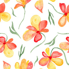 Watercolor orange with red flowers blossom - seamless pattern painting on white background