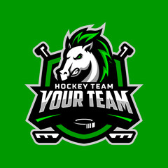 Horse head logo for the ice hockey team logo. vector illustration. With a combination of shields badge, puck and ice hockey stick