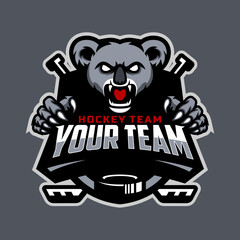 koala head logo for the ice hockey team logo. vector illustration. With a combination of shields badge, puck and ice hockey stick