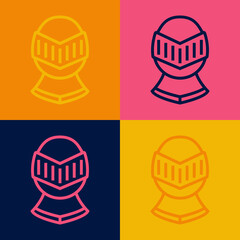 Pop art line Medieval iron helmet for head protection icon isolated on color background. Knight helmet. Vector