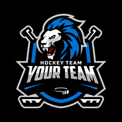 Obraz premium Lion head logo for the ice hockey team logo. vector illustration. With a combination of shields badge, puck and ice hockey stick
