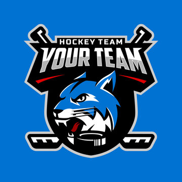 Lynx head logo for the ice hockey team logo. vector illustration. With a combination of shields badge, puck and ice hockey stick