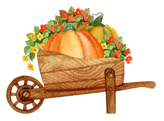 Garden cart and autumn harvest. Pumpkin and flowers. Watercolor hand drawn - 530400976