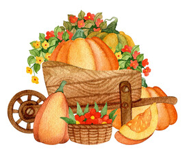 Garden cart and autumn harvest. Pumpkin and flowers. Watercolor hand drawn - 530400996