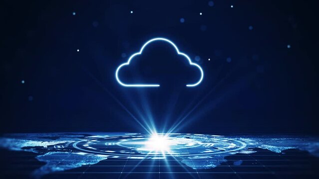 Cloud and edge computing technology concepts A large icon above a prominent white cloud in the center. Below is an abstract map, user icons and binary code moving slowly on a dark blue background.