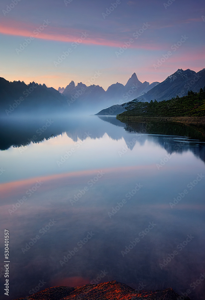 Wall mural lake landscape at sunset with glaciers, mountains and reflection