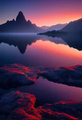 Seenlandschaft bei Sonnenuntergang mit Gletschern, Bergen und Reflexion © Viks_jin