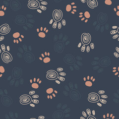 Pattern from paw prints. Print in pastel colors from animal tracks. Free hand. Seamless pattern. Vector illustration.