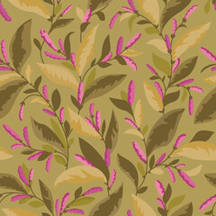 Floral pattern in pastel colors. Seamless background with pink flowers and leaves on a branch.