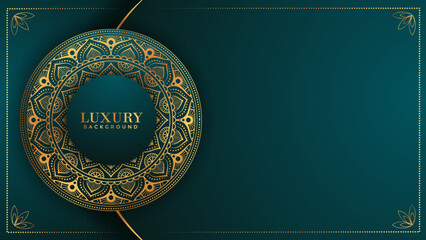 Luxury geometric gold gradient dark green mandala background. Design for any card, birthday, other holiday, kaleidoscope, yoga, india, folk, arabic. Indian pattern wallpaper.