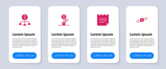 Set Money exchange, Notebook, Dollar plant and Hierarchy with dollar. Business infographic template. Vector