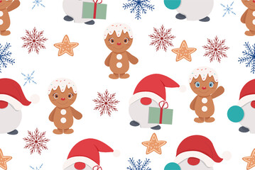 New Year and Christmas pattern with gnomes and snowflakes.