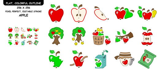 set of flat icons with colorful apple outline. apples in different compositions. a set of apples: a quarter of an apple, apples on a tree, apples on a tree and others. colorful outline with flat icons