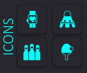 Set Racket, Smart watch with heart, Badminton shuttlecock and Bowling pin icon. Black square button. Vector