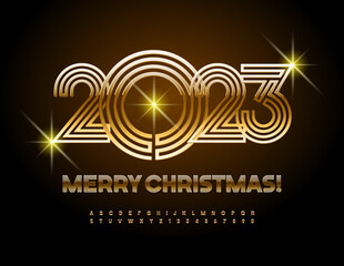 Vector stylish greeting card Merry Christmas 2023! Gold maze Font. Luxury Alphabet Letters and Numbers set