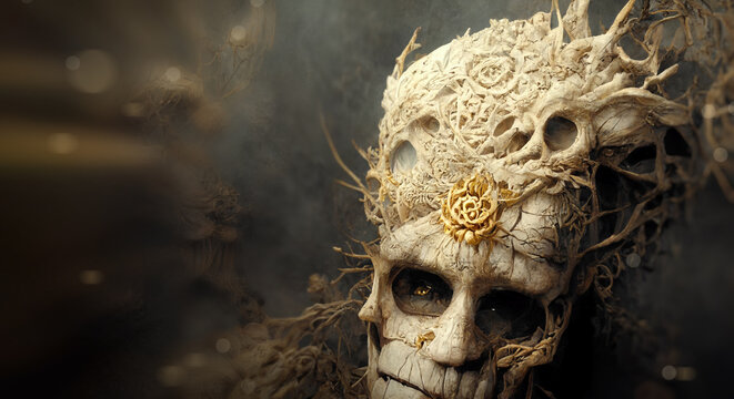 Happy Halloween, 3d Monarchy and Dead King concept theme with a human skull wearing a shiny ivory and gold crown isolated on dark background