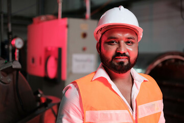 engineer worker working together with safety uniform and white helmet to work in industry factory handle tablet. Factory worker inspecting production line of drink production in factory. indian men