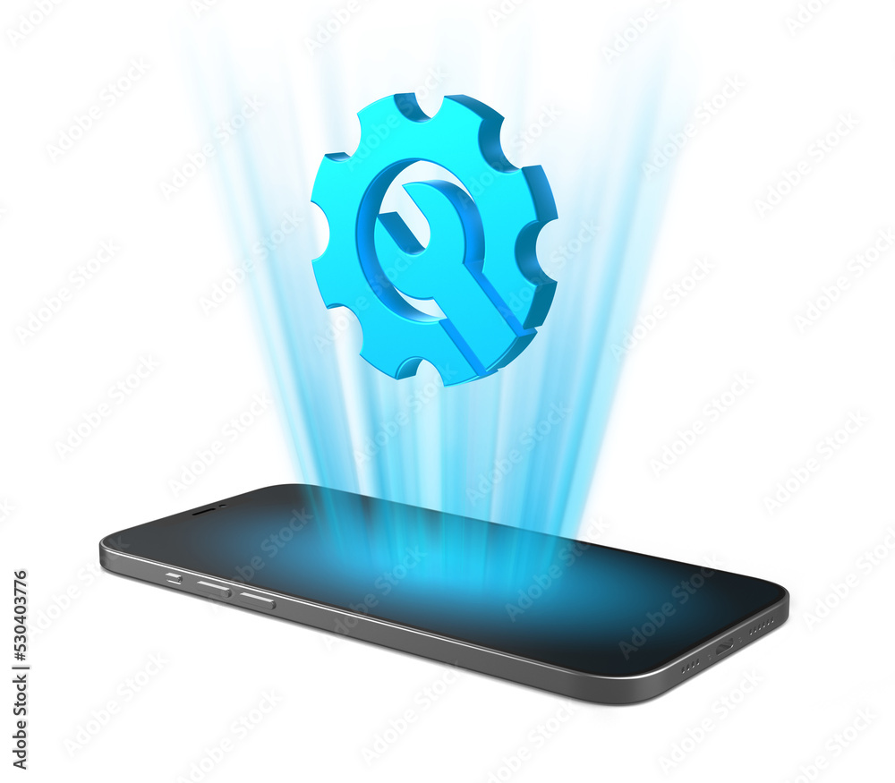 Poster smartphone that projects tool icon from the screen. phone with settings symbol on isolated backgroun