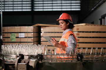 Professional engineering, worker, woman Quality control, maintenance, check in factory,  Woman worker checking stock of products in beverage factory. Worker QC working in a drink water factory.