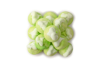 Green marshmallow candy isolated on  white background.