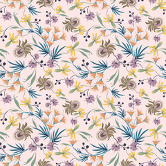 Fototapeta na wymiar Beautiful abstract tropical flowers и leaves gentle tones on a light pink background. Pattern in boho style. It can be used for wallpaper, textiles, fabrics, wrapping. Vector illustration, eps10