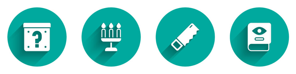 Set Mystery box, Candlestick, Hand saw and Ancient magic book icon with long shadow. Vector