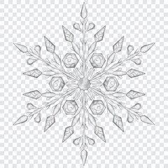 Big complex translucent crystal Christmas snowflake in gray colors, isolated on transparent background. Transparency only in vector format