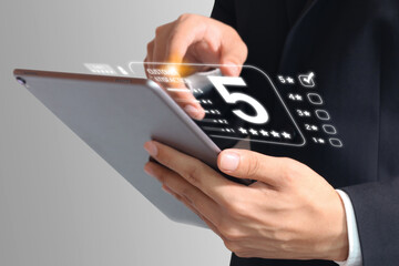 Customer give rating to business service experience on online application. User evaluate quality of services leading to reputation of company, reviewing satisfaction feedback survey concept.