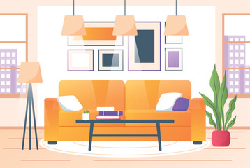 Home interior concept. Modern furniture, apartment design and decoration. Comfortable and cozy apartment, poster or banner for website. Sofa, paintings, lamps. Cartoon flat vector illustration
